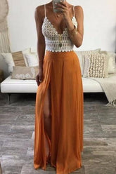 Sexy Spaghetti Straps Sleeveless Lace Top Long Prom Dresses Evening Gown DMS55